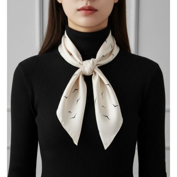 ⭐Soft Cream Silky Square Scarf  Bird Print Luxury Bandana Versatile Accessory⭐ - Picture 1 of 6